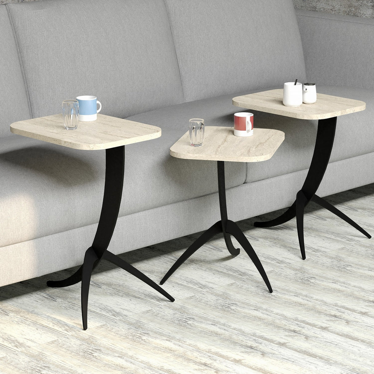 Set 3 măsuțe de cafea Pion 3, Travertin, 35x45x49 cm