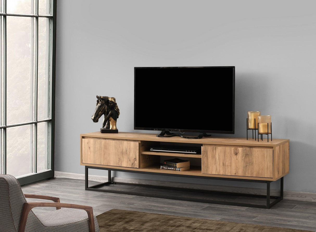 COMODA TV Zealot cu 2 Sertare si Rafturi, Lemn natural, 180 x 50 x 40 cm