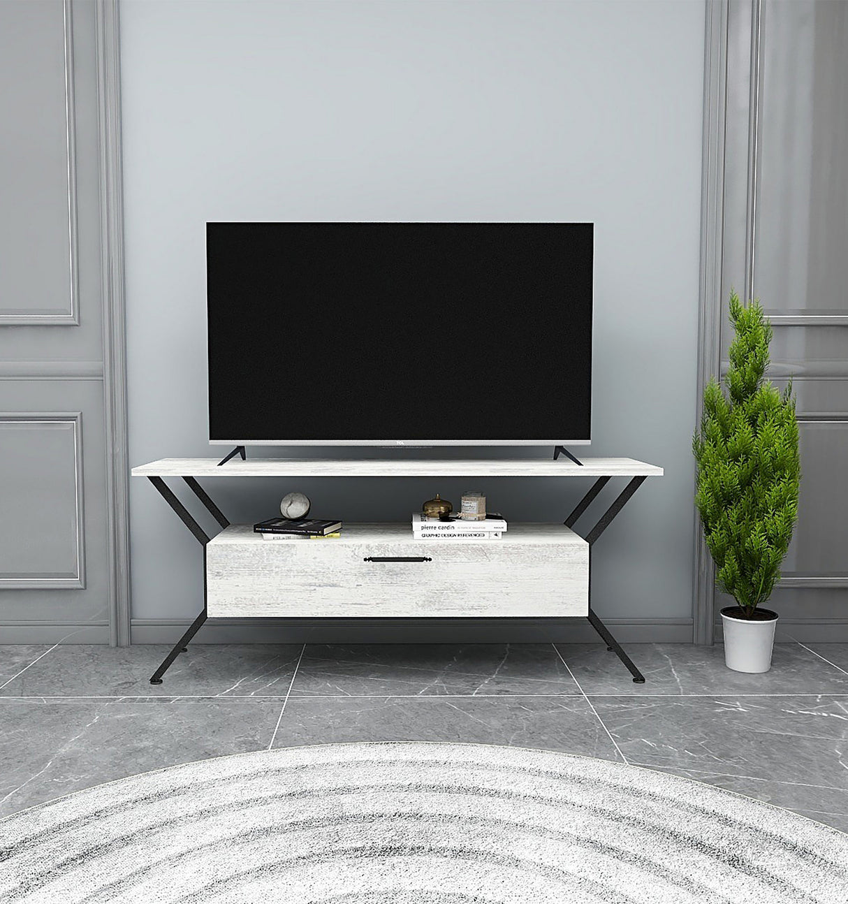 Comodă TV Tarz - Crystal, Gri - Negru, 124x35x54 cm