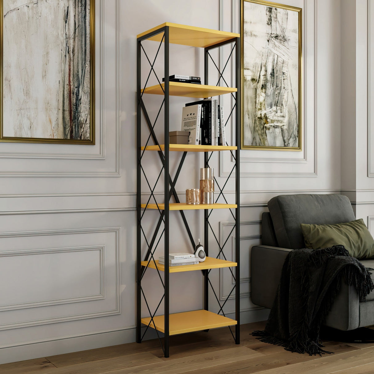 Bibliotecă Suadiye, Diverse culori, 50x30x180 cm - Galben - Negru | SKU: 854KLN3615 | Bibliotecă Suadiye, 50x30x180 cm, varianta Galben - Negru, produs pentru amenajarea locuinței, disponibil online în România la CasaMob
