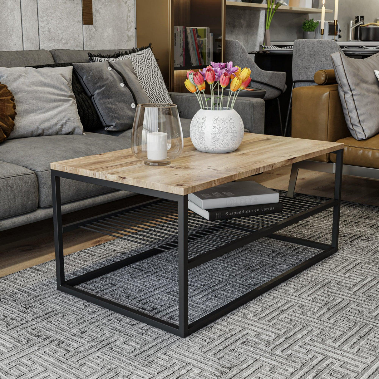 Masuta de cafea Melike, Stejar - Alb - Negru, 95 x 43 x 55 cm - Stejar, SKU 854KLN4304