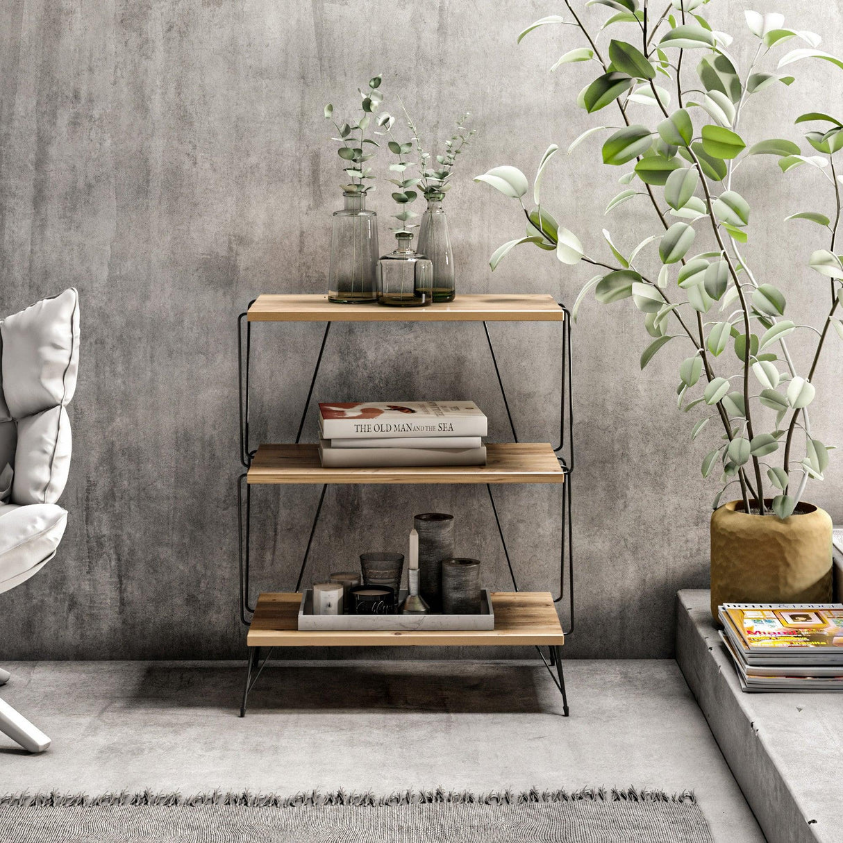 Masuta Cafea Lateral Lazandos, Alb - Gri - Stejar, 46x30x76 cm - Stejar, SKU 854KLN4319