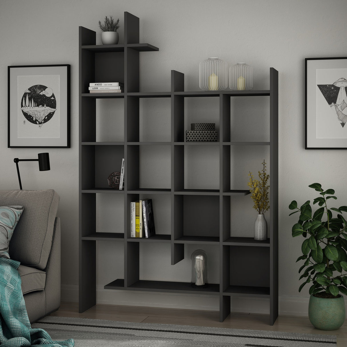 Bibliotecă Manco - Anhracite, Antracit, 122x26x188 cm