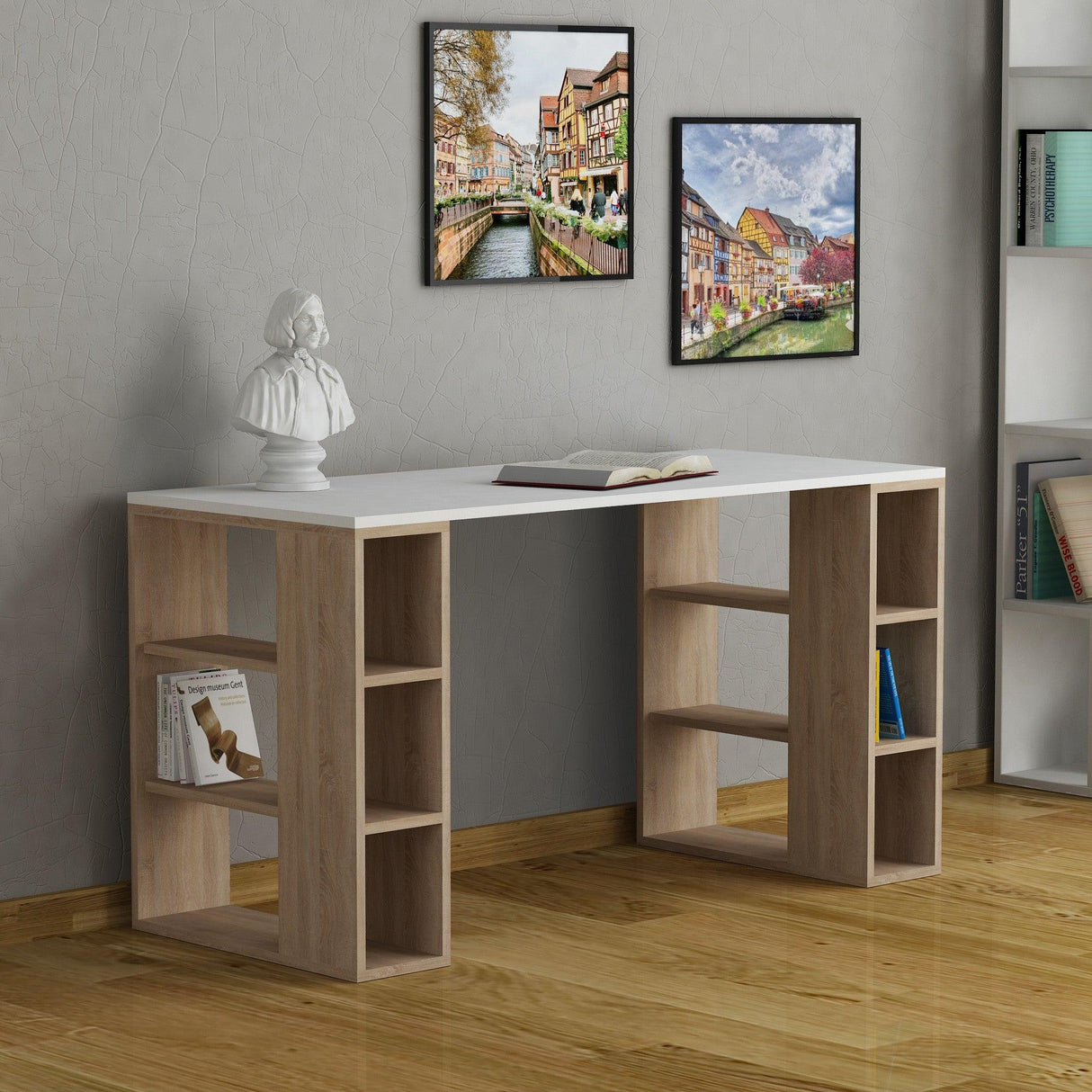 Birou Colmar, Diverse culori, 140x60x75 cm - Alb - Stejar | SKU: 855DTE3823 | Birou Colmar, 140x60x75 cm, varianta Alb - Stejar, produs pentru amenajarea locuinței, disponibil online în România la CasaMob