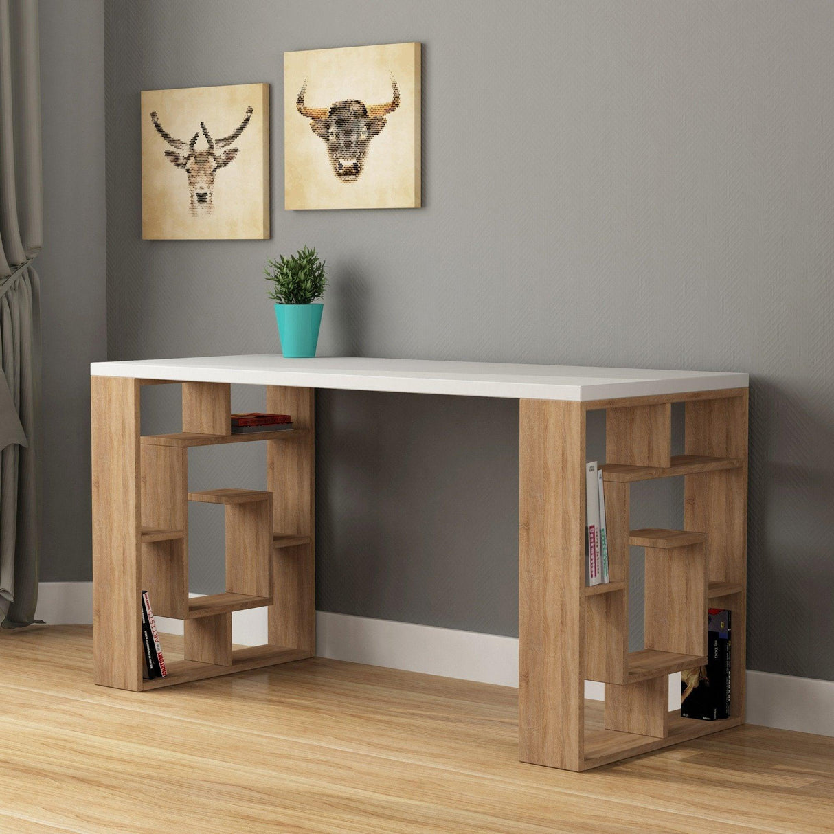 Birou Maze, cu rafturi, 140 x 75 x 60 cm - Lemn Natural, SKU 855DTE3833