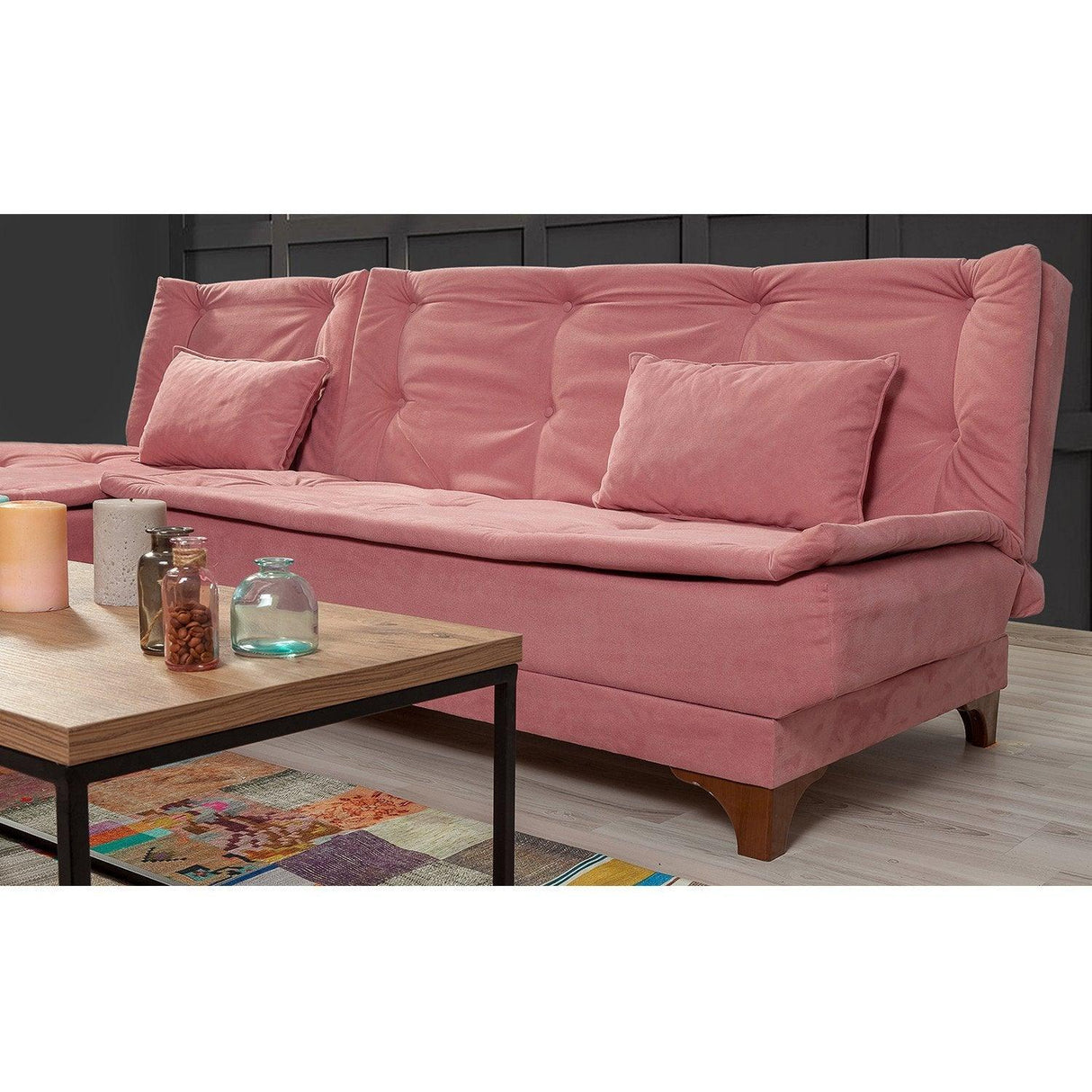 Canapea extensibilă de colț Kelebek Dreapta, Diverse culori, 225x160x86 cm - Roz | SKU: 867UNQ1420 | Canapea extensibilă de colț Kelebek Dreapta, 225x160x86 cm, varianta Roz, produs pentru amenajarea locuinței, disponibil online în România la CasaMob