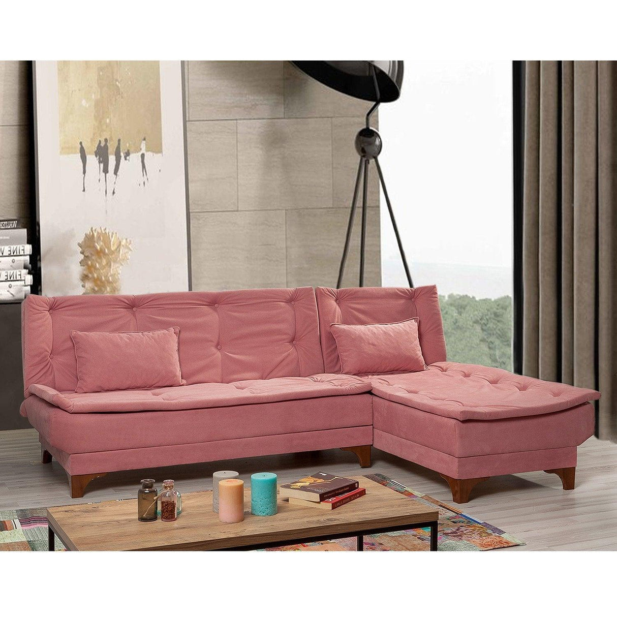 Canapea extensibilă de colț Kelebek Dreapta, Diverse culori, 225x160x86 cm - Roz | SKU: 867UNQ1420 | Canapea extensibilă de colț Kelebek Dreapta, 225x160x86 cm, varianta Roz, produs pentru amenajarea locuinței, disponibil online în România la CasaMob