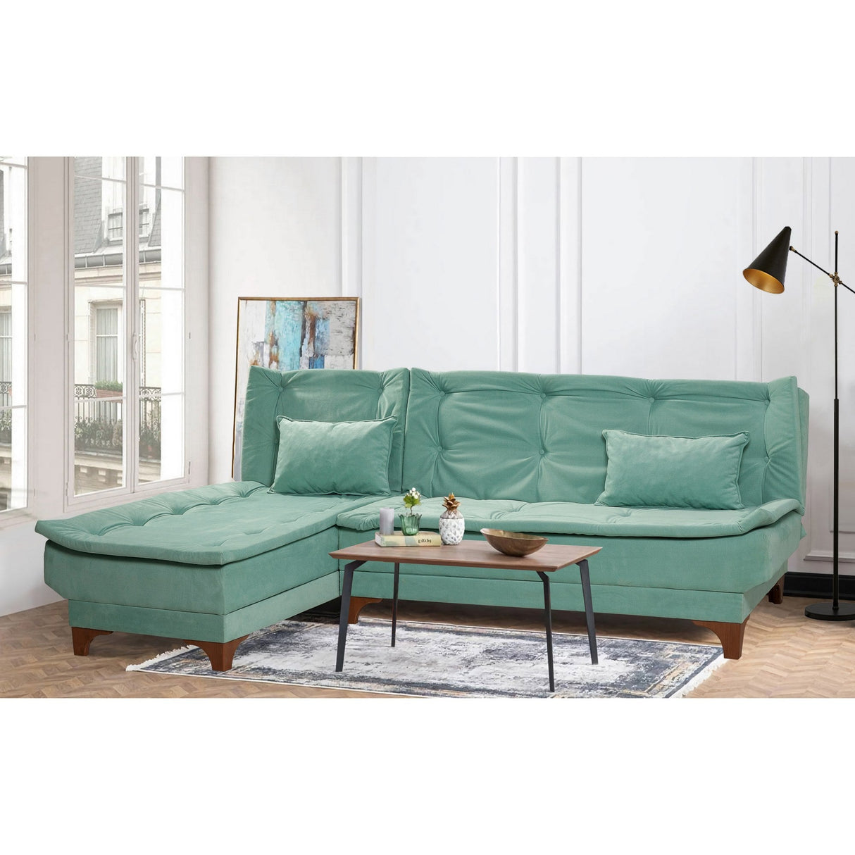 Canapea extensibilă de colț Kelebek Stânga, Diverse culori, 225x160x86 cm - Verde marin | SKU: 867UNQ1919 | Canapea extensibilă de colț Kelebek Stânga, 225x160x86 cm, varianta Verde marin, produs pentru amenajarea locuinței, disponibil online în România la CasaMob