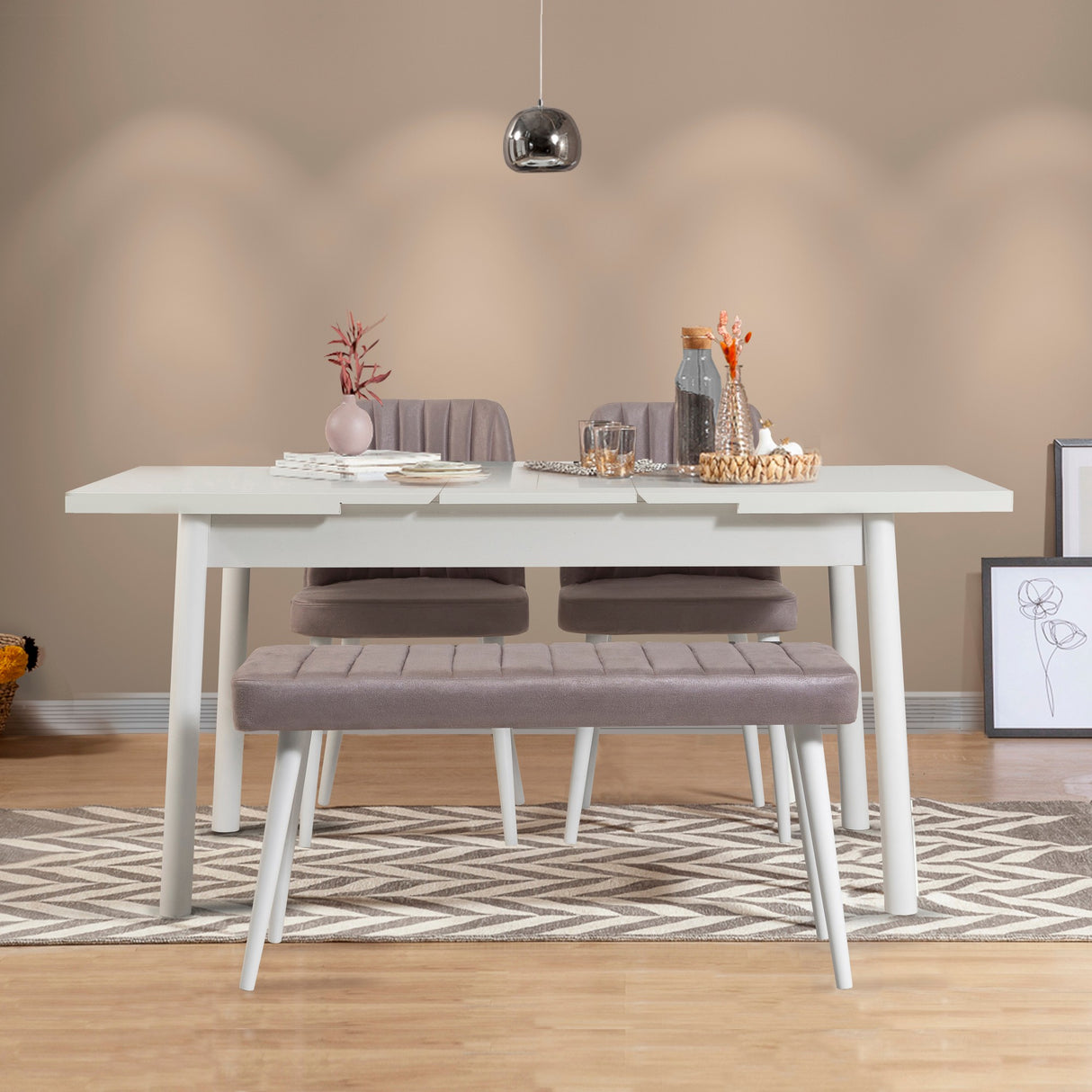 Masă extensibilă cu scaune 4 bucăți Santiago White-Soho Grey, Alb - Gri, 120x75x77 cm