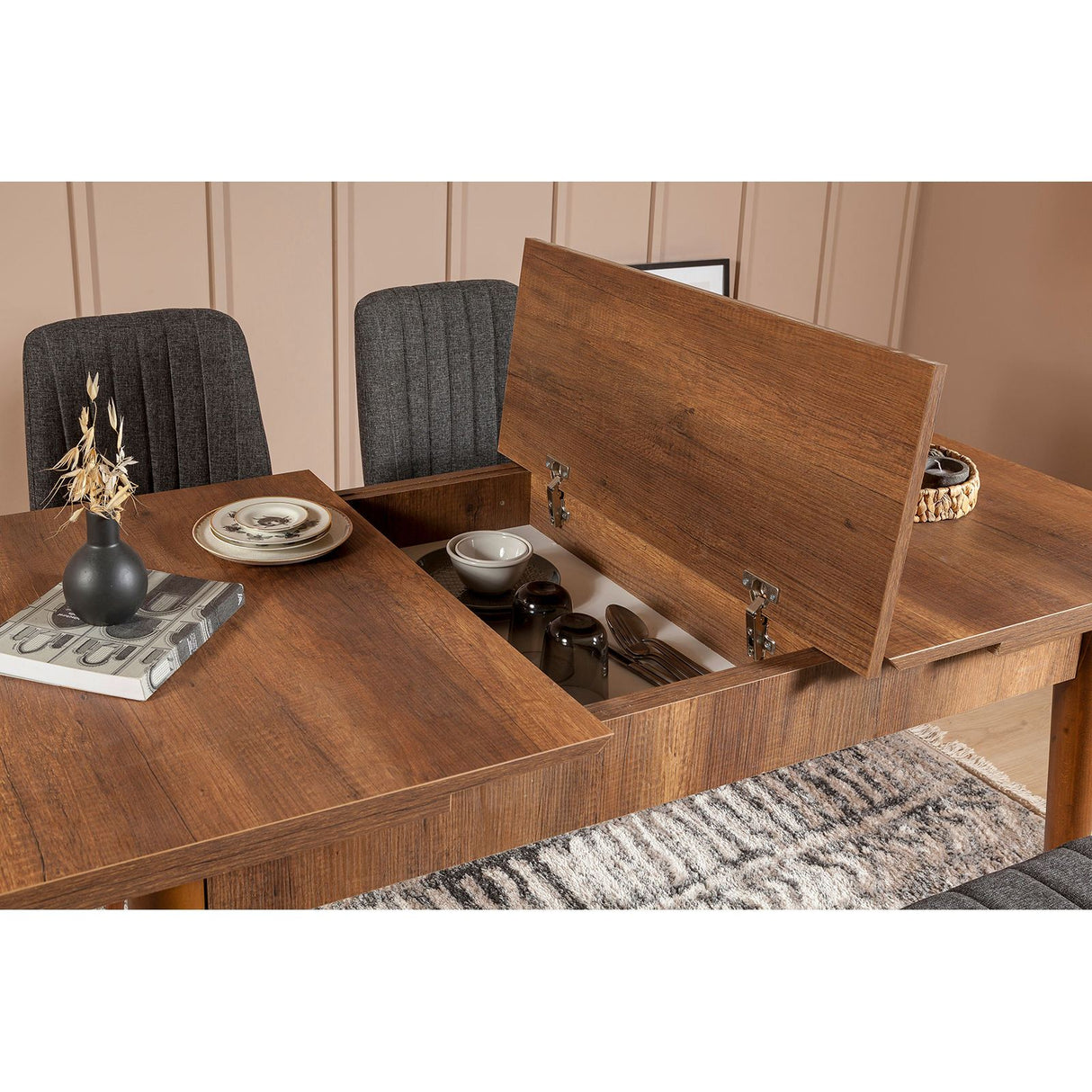 Masă extensibilă cu scaune 4 bucăți Vina 1053, Nuc - Antracit, 130x80x77 cm