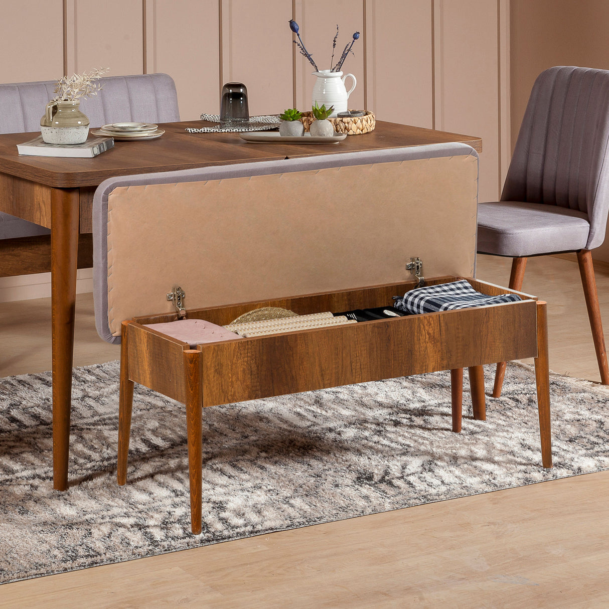Masă extensibilă cu scaune 5 bucăți Vina Walnut Soho Grey, Nuc - Soho, 130x80x77 cm