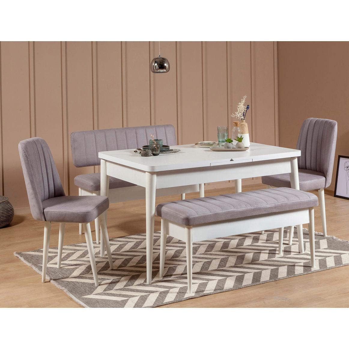 Masă extensibilă cu scaune 5 bucăți Vina White Soho Grey, Alb - Soho, 130x80x77 cm