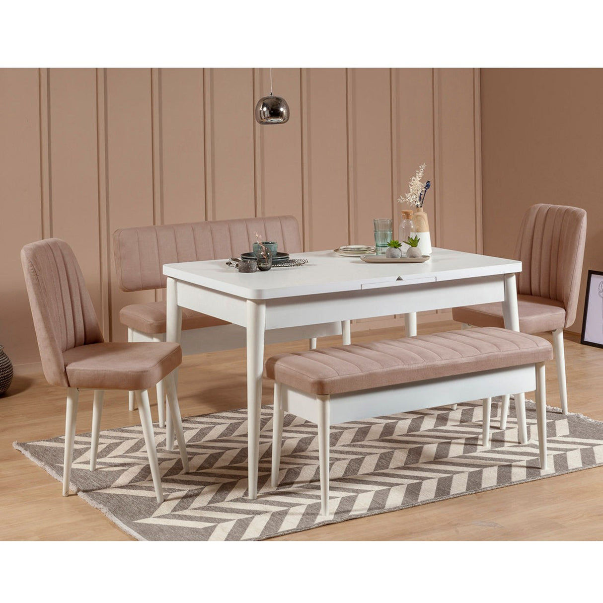 Masă extensibilă cu scaune 5 bucăți Vina White Stone, Alb - Stone, 130x80x77 cm