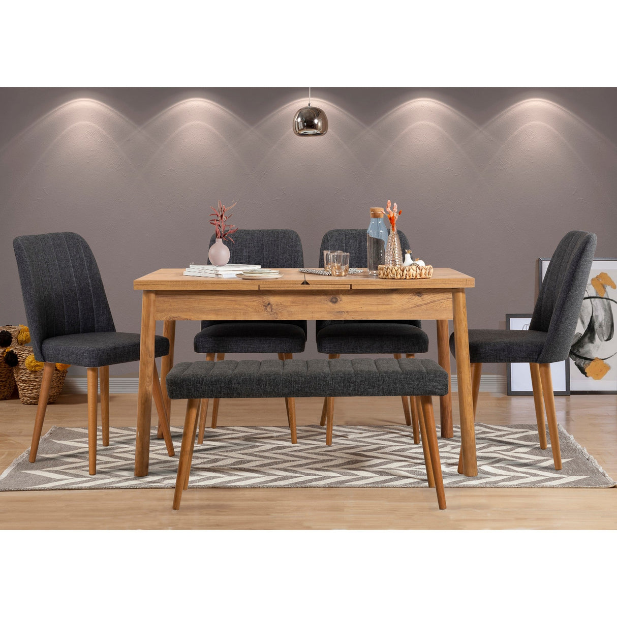 Masă extensibilă cu scaune Santiago, Diverse culori, Diverse configurații, 120x75x77 cm - Pin atlantic - Antracit - 6 bucăți | SKU: 869VEL5197 | Masă extensibilă cu scaune Santiago, 120x75x77 cm, varianta Pin atlantic - Antracit - 6 bucăți, produs pentru amenajarea locuinței, disponibil online în România la CasaMob