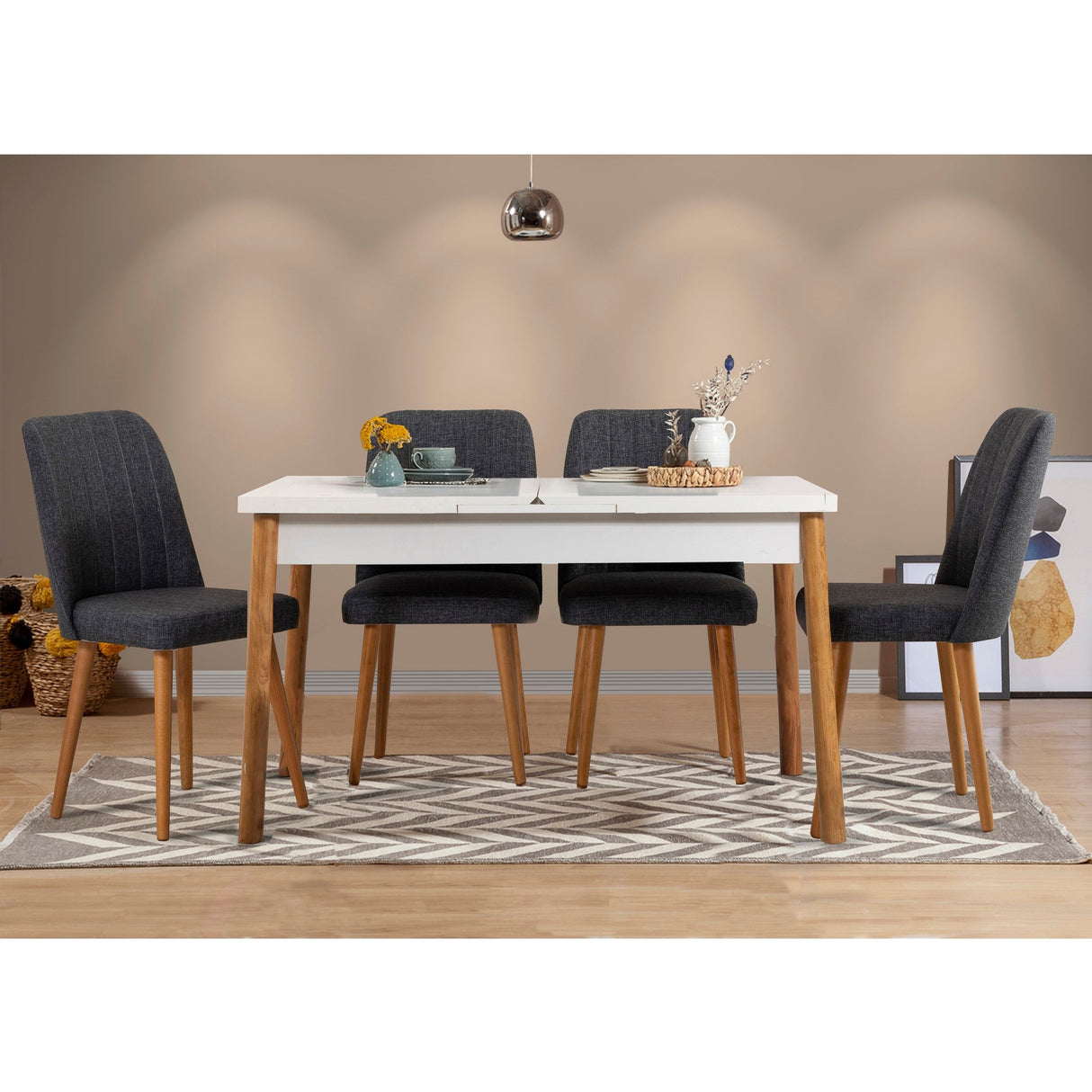 Masă extensibilă cu scaune Santiago, Diverse culori, Diverse configurații, 120x75x77 cm - Pin atlantic - Alb - Antracit - 5 bucăți | SKU: 869VEL5238 | Masă extensibilă cu scaune Santiago, 120x75x77 cm, varianta Pin atlantic - Alb - Antracit - 5 bucăți, produs pentru amenajarea locuinței, disponibil online în România la CasaMob