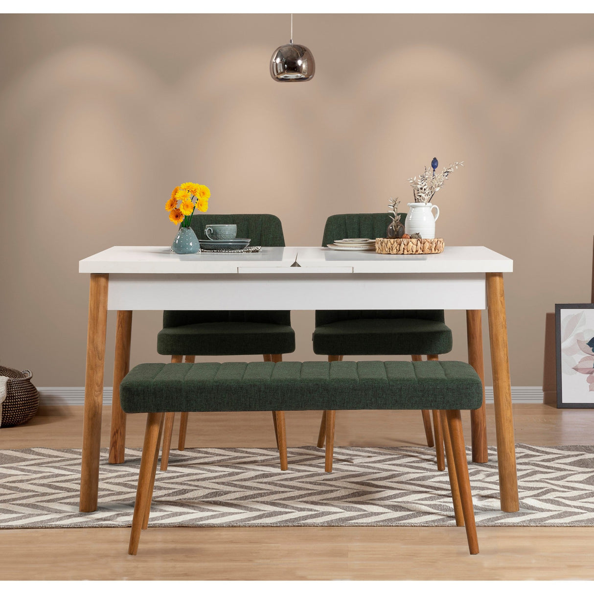 Masă extensibilă cu scaune Santiago, Diverse culori, Diverse configurații, 120x75x77 cm - Pin atlantic - Alb - Verde - 4 bucăți | SKU: 869VEL5242 | Masă extensibilă cu scaune Santiago, 120x75x77 cm, varianta Pin atlantic - Alb - Verde - 4 bucăți, produs pentru amenajarea locuinței, disponibil online în România la CasaMob