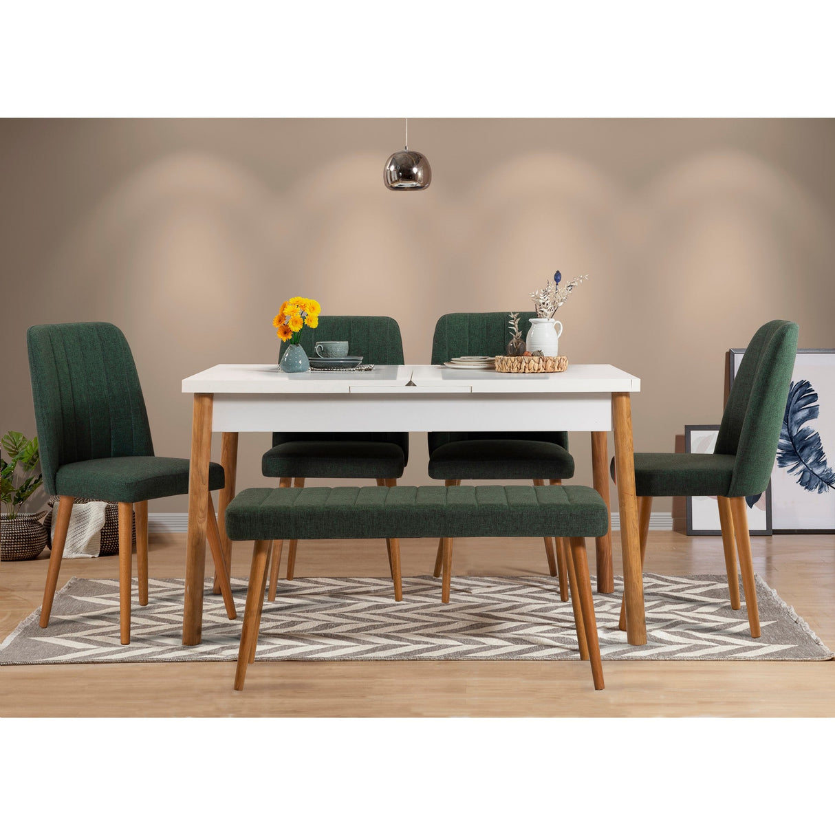 Masă extensibilă cu scaune Santiago, Diverse culori, Diverse configurații, 120x75x77 cm - Pin atlantic - Alb - Verde - 6 bucăți | SKU: 869VEL5246 | Masă extensibilă cu scaune Santiago, 120x75x77 cm, varianta Pin atlantic - Alb - Verde - 6 bucăți, produs pentru amenajarea locuinței, disponibil online în România la CasaMob
