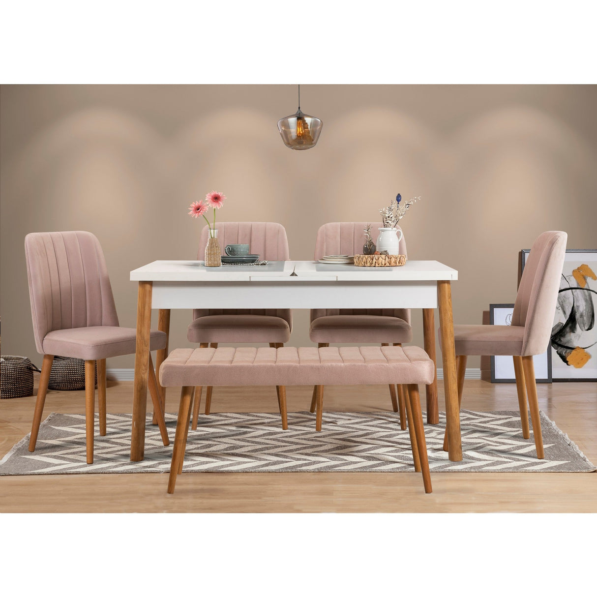 Masă extensibilă cu scaune Santiago, Diverse culori, Diverse configurații, 120x75x77 cm - Pin atlantic - Alb - Piatră - 6 bucăți | SKU: 869VEL5258 | Masă extensibilă cu scaune Santiago, 120x75x77 cm, varianta Pin atlantic - Alb - Piatră - 6 bucăți, produs pentru amenajarea locuinței, disponibil online în România la CasaMob