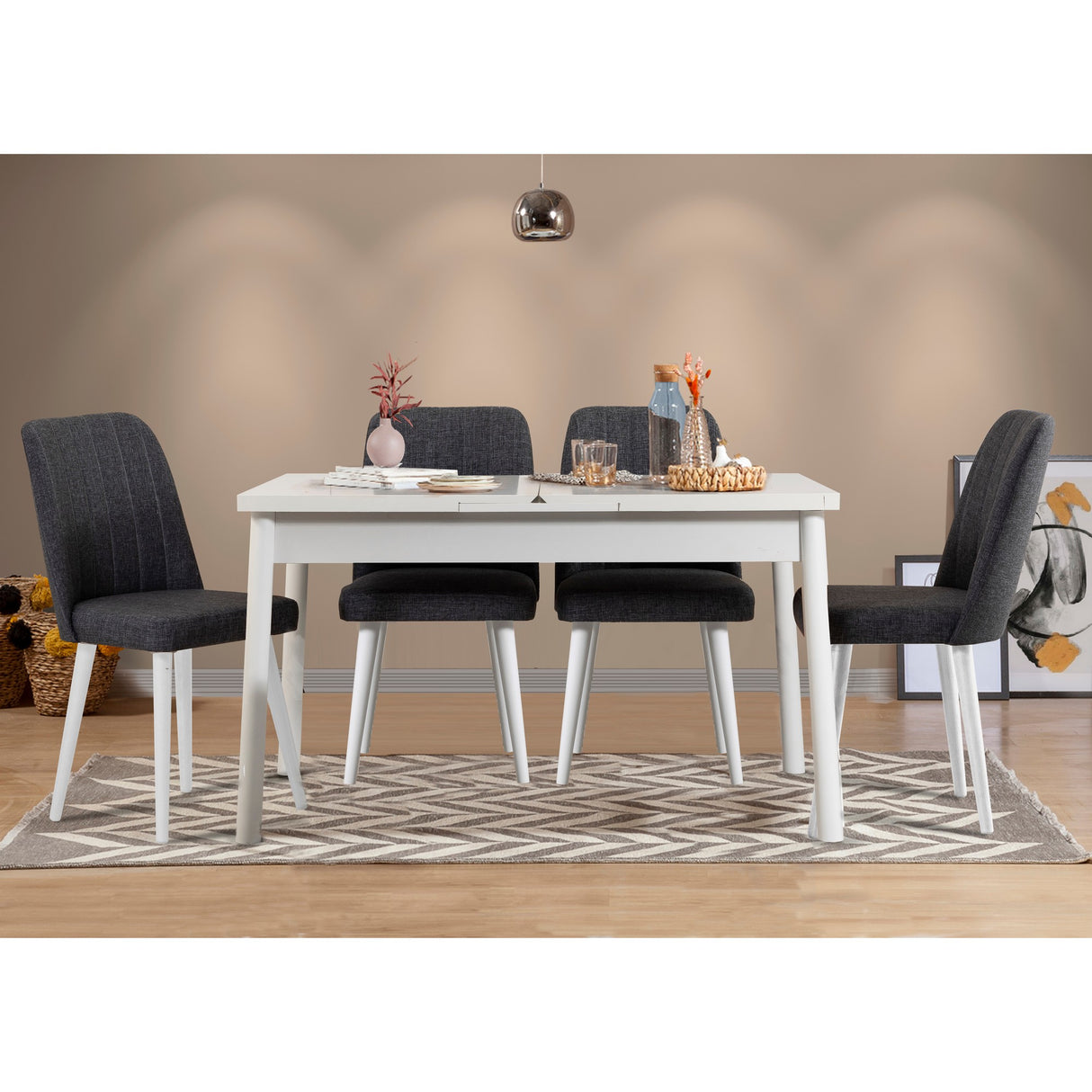 Masă extensibilă cu scaune 5 bucăți Santiago White Anthracite V2, Alb - Antracit, 120x75x77 cm