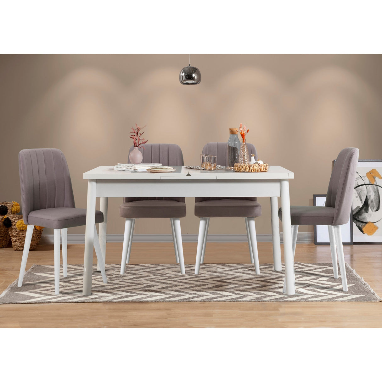 Masă extensibilă cu scaune Santiago, Diverse culori, Diverse configurații, 120x75x77 cm - Alb - Gri - 5 bucăți | SKU: 869VEL5278 | Masă extensibilă cu scaune Santiago, 120x75x77 cm, varianta Alb - Gri - 5 bucăți, produs pentru amenajarea locuinței, disponibil online în România la CasaMob