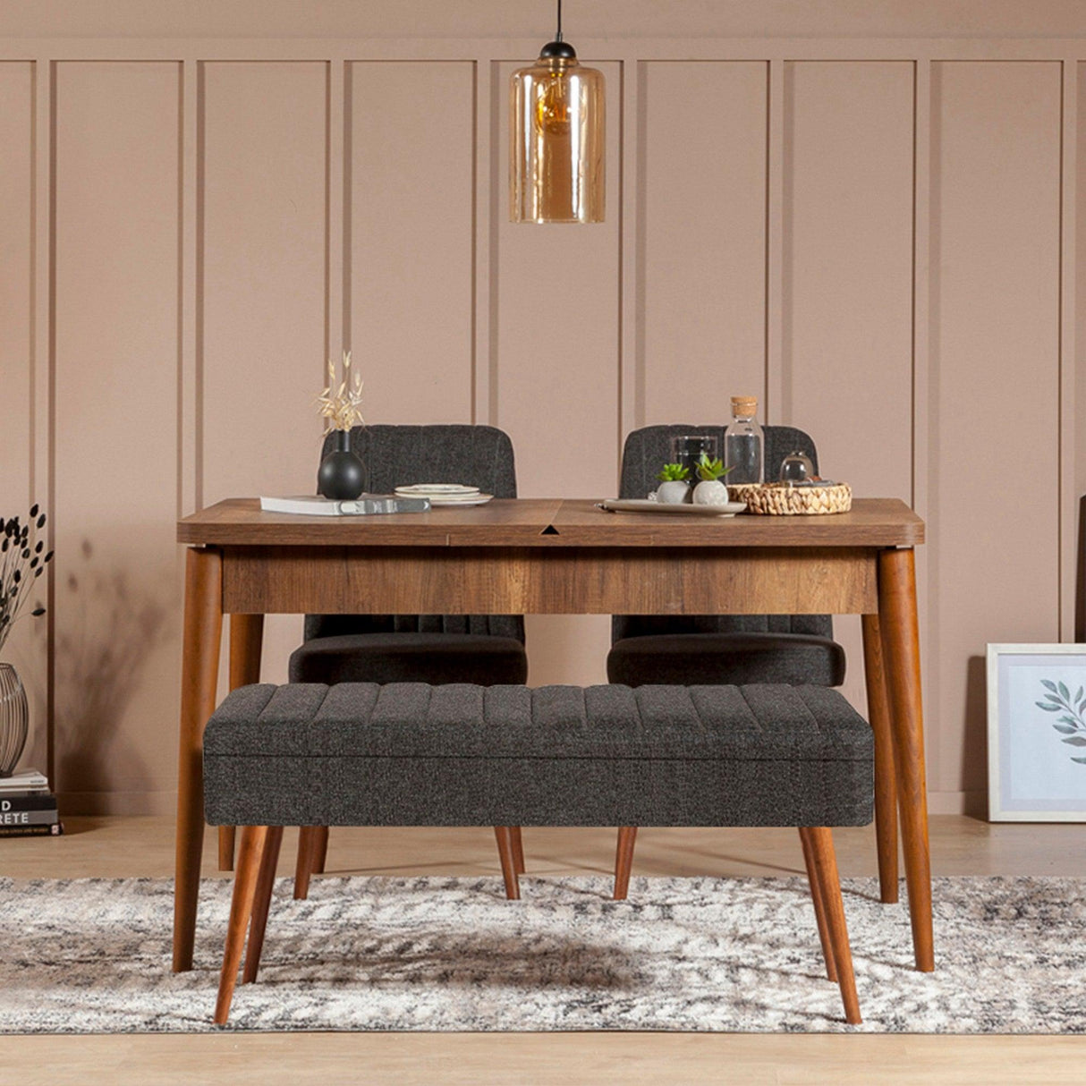 Masă extensibilă cu scaune 4 bucăți Vina 1053 - 3, Diverse culori, 129x80x75 cm - Nuc - Antracit | SKU: 869VEL5322 | Masă extensibilă cu scaune 4 bucăți Vina 1053 - 3, 129x80x75 cm, varianta Nuc - Antracit, produs pentru amenajarea locuinței, disponibil online în România la CasaMob
