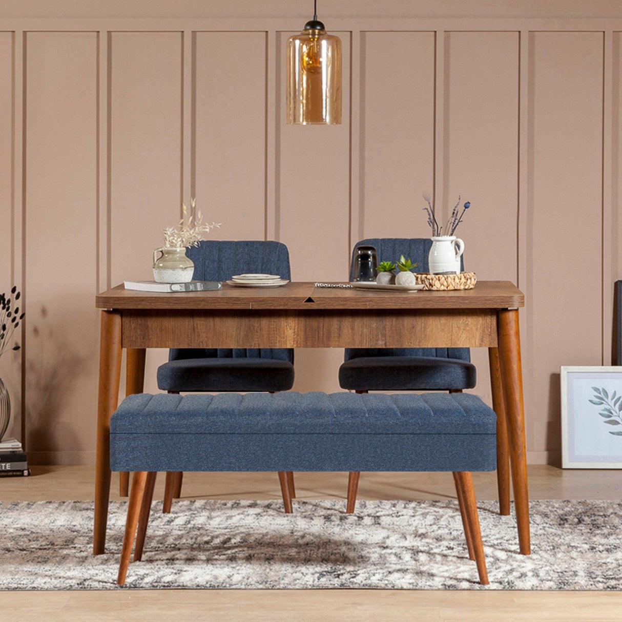 Masă extensibilă cu scaune 4 bucăți Vina 1048 - 3, Diverse culori, 129x80x75 cm - Nuc - Albastru închis | SKU: 869VEL5323 | Masă extensibilă cu scaune 4 bucăți Vina 1048 - 3, 129x80x75 cm, varianta Nuc - Albastru închis, produs pentru amenajarea locuinței, disponibil online în România la CasaMob
