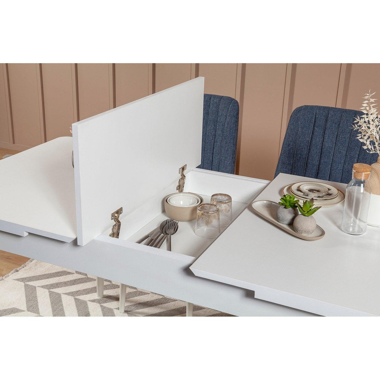 Masă extensibilă cu scaune 4 bucăți Vina 1048 - 3, Diverse culori, 129x80x75 cm - Alb - Albastru închis | SKU: 869VEL5327 | Masă extensibilă cu scaune 4 bucăți Vina 1048 - 3, 129x80x75 cm, varianta Alb - Albastru închis, produs pentru amenajarea locuinței, disponibil online în România la CasaMob