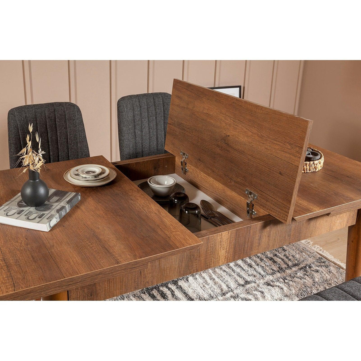 Masă extensibilă cu scaune 5 bucăți Vina 1053 - 4, Diverse culori, 129x80x75 cm - Nuc - Antracit | SKU: 869VEL5337 | Masă extensibilă cu scaune 5 bucăți Vina 1053 - 4, 129x80x75 cm, varianta Nuc - Antracit, produs pentru amenajarea locuinței, disponibil online în România la CasaMob