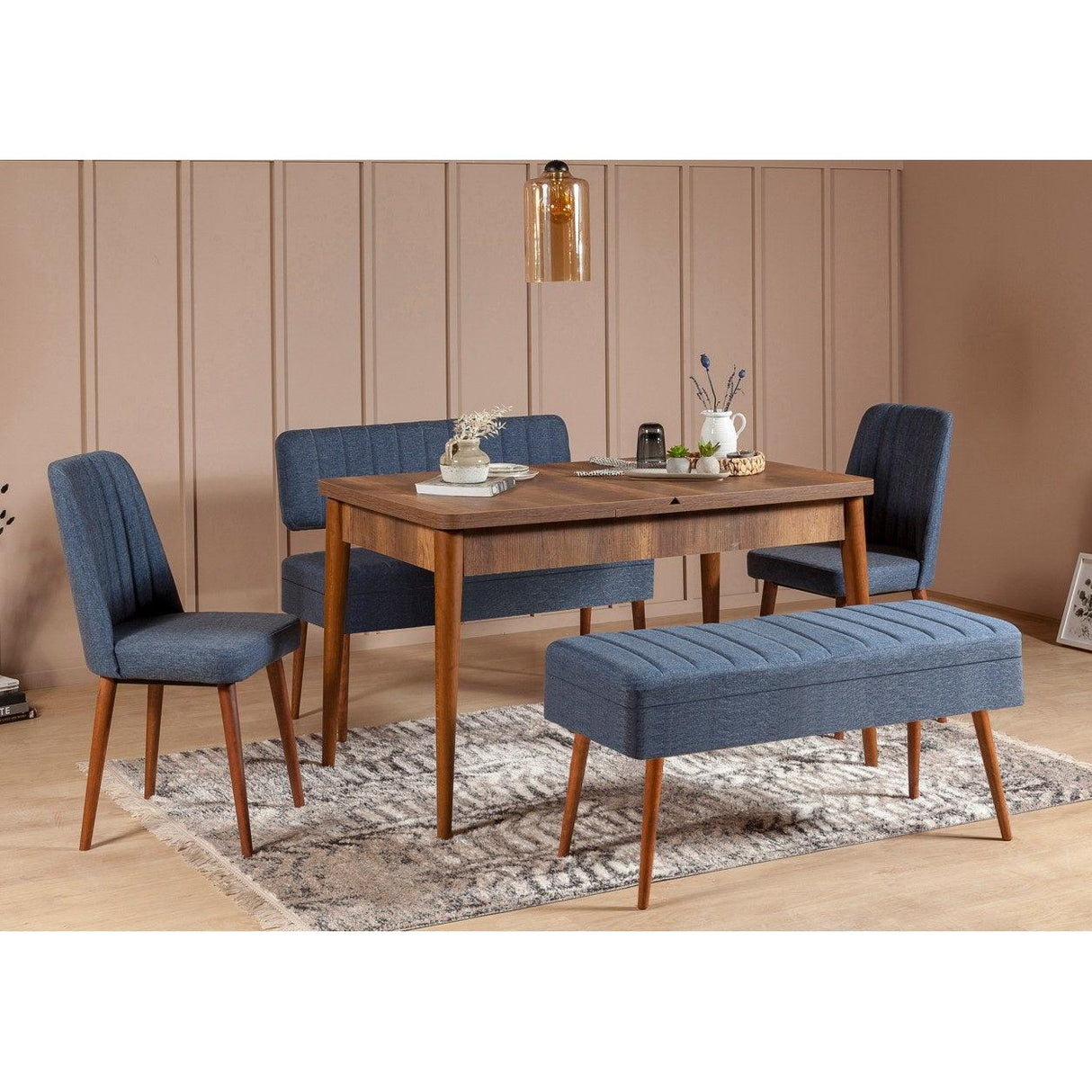 Masă extensibilă cu scaune 5 bucăți Vina 1048 - 4, Diverse culori, 129x80x75 cm - Nuc - Albastru închis | SKU: 869VEL5338 | Masă extensibilă cu scaune 5 bucăți Vina 1048 - 4, 129x80x75 cm, varianta Nuc - Albastru închis, produs pentru amenajarea locuinței, disponibil online în România la CasaMob