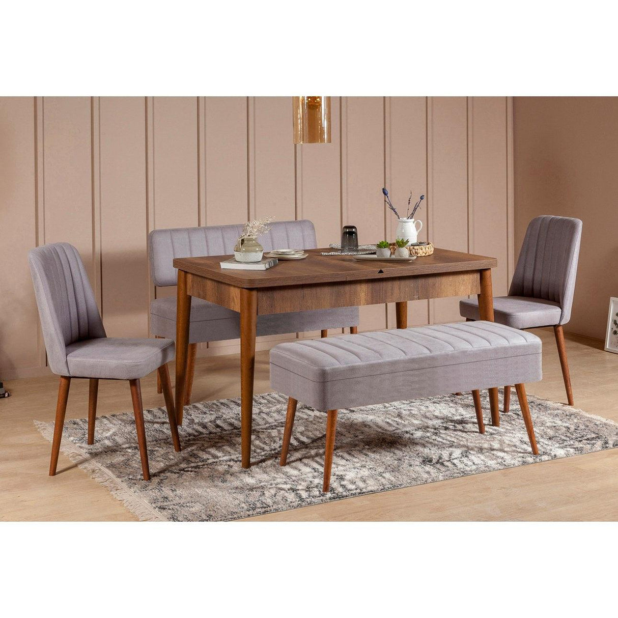 Masă extensibilă cu scaune 5 bucăți Vina 0701 - 4, Diverse culori, 129x80x75 cm - Nuc - Gri | SKU: 869VEL5339 | Masă extensibilă cu scaune 5 bucăți Vina 0701 - 4, 129x80x75 cm, varianta Nuc - Gri, produs pentru amenajarea locuinței, disponibil online în România la CasaMob