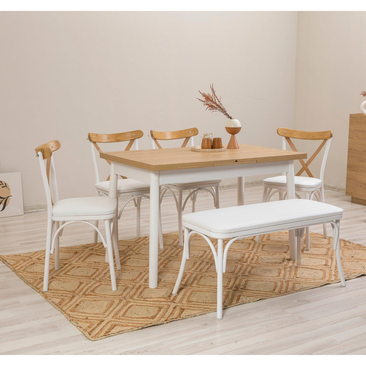 Masă extensibilă cu scaune Oliver Açl.Karina, Diverse culori, Diverse configurații, 120x75x77 cm - Alb - 6 bucăți | SKU: 869VEL8153 | Masă extensibilă cu scaune Oliver Açl.Karina, 120x75x77 cm, varianta Alb - 6 bucăți, produs pentru amenajarea locuinței, disponibil online în România la CasaMob