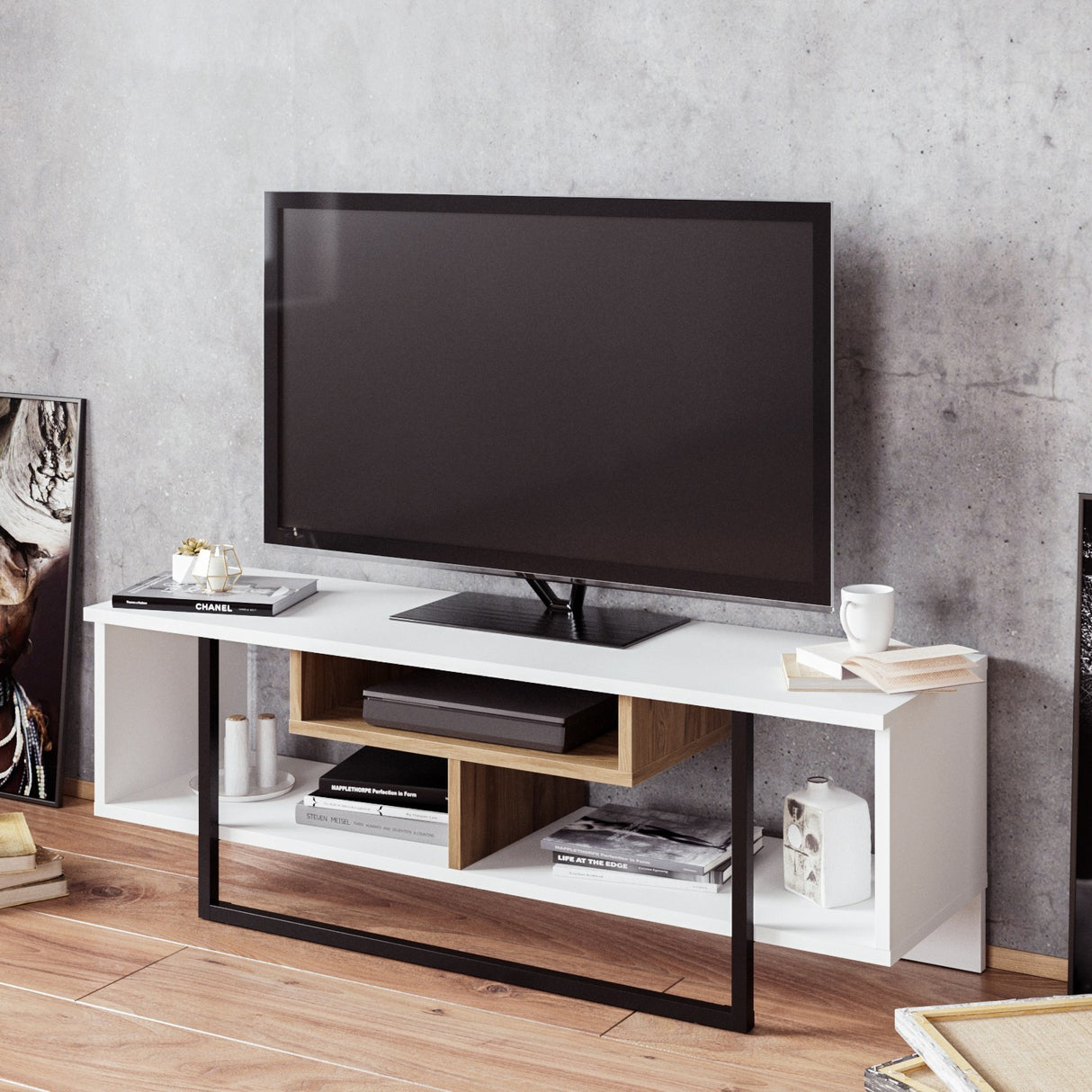 Comodă TV Asal (120) - White, Ud, Black, Alb - Negru - Stejar, 119x35x40 cm