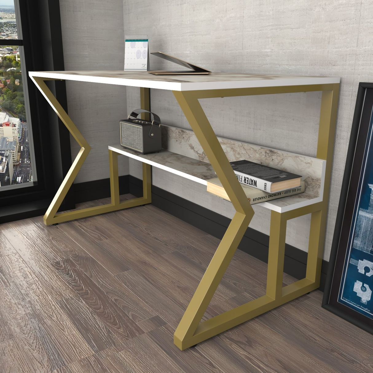 Birou Wake, Alb - Auriu, 120x60x73 cm