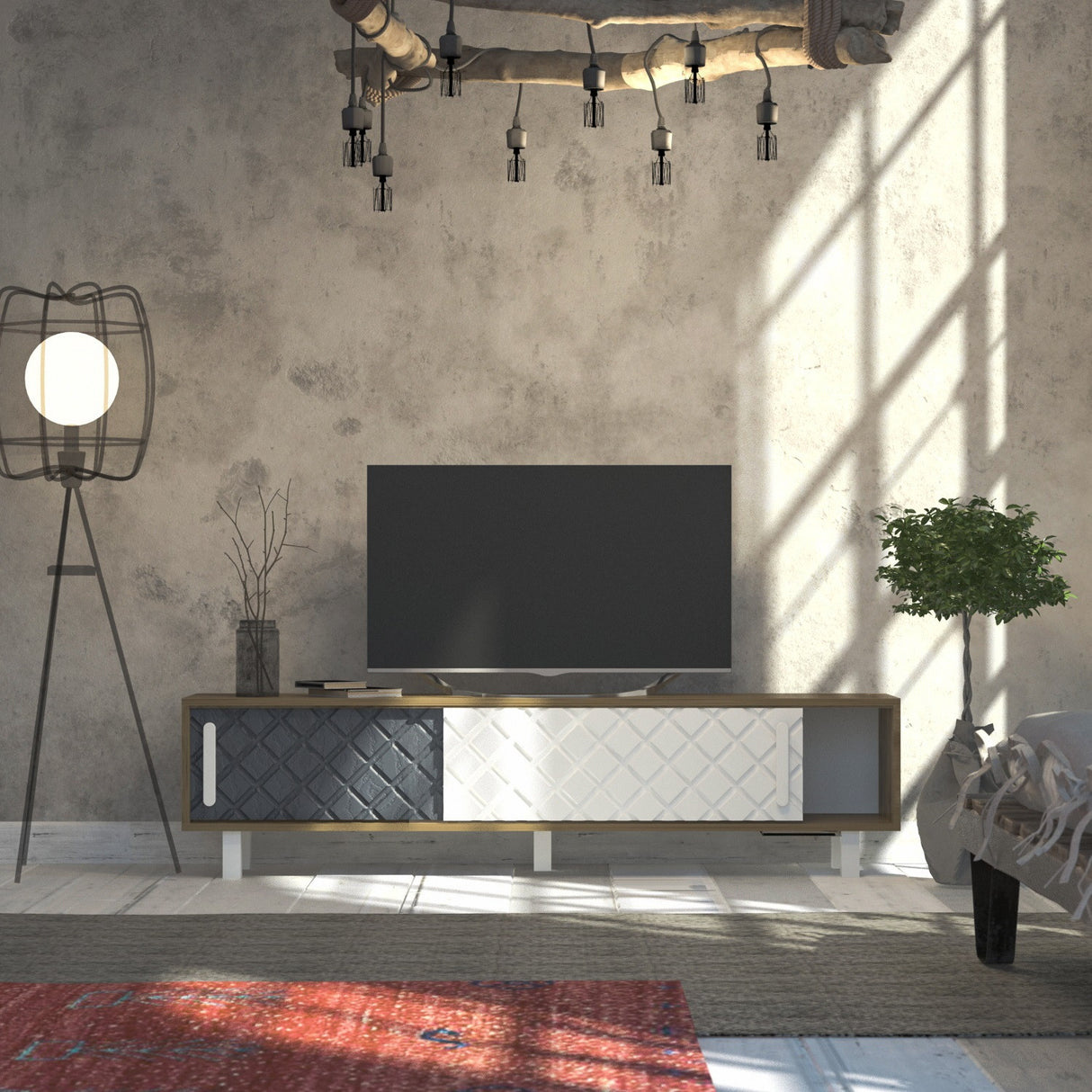 Comodă TV Rob - Ud, White, Anthracite, Stejar - Alb - Antracit, 180x35x48 cm