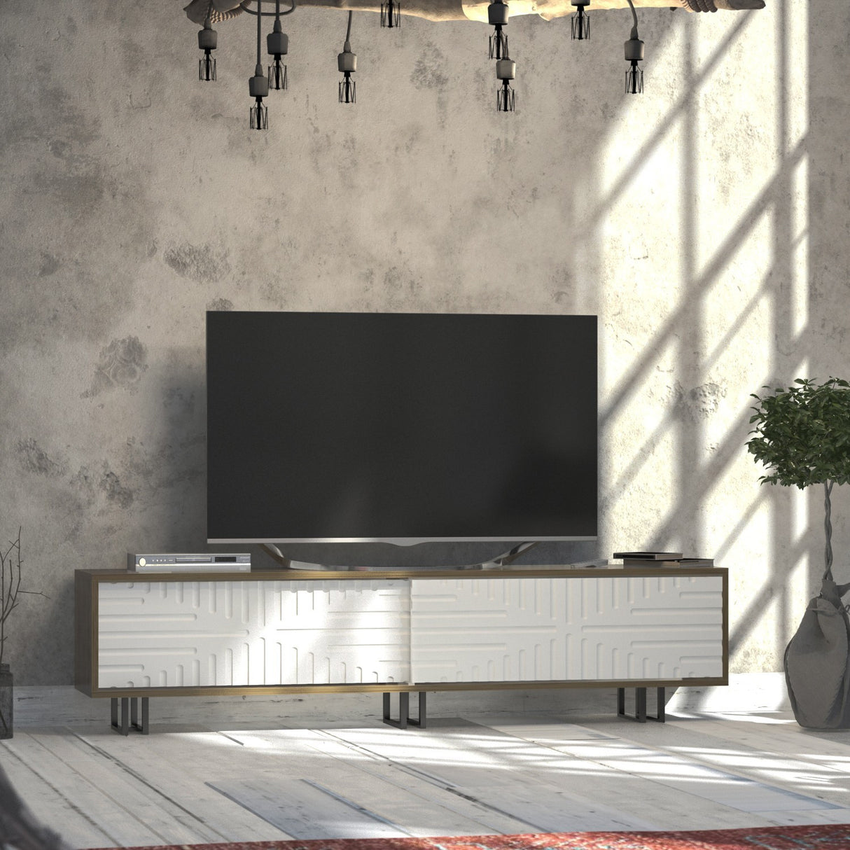 Comodă TV Askal - Ud, White, Stejar - Alb, 180x35x47 cm