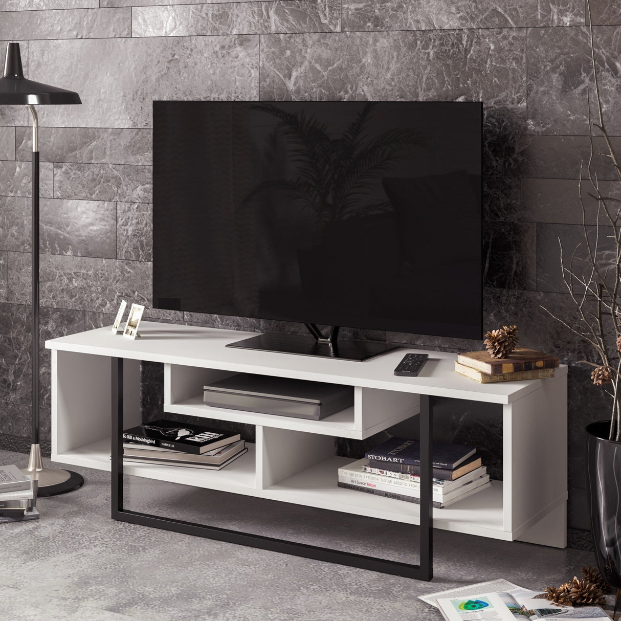 Comodă TV Asal (120), Diverse culori, 119x35x40 cm - Alb - Negru | SKU: 875ZNA3045 | Comodă TV Asal (120), 119x35x40 cm, varianta Alb - Negru, produs pentru amenajarea locuinței, disponibil online în România la CasaMob