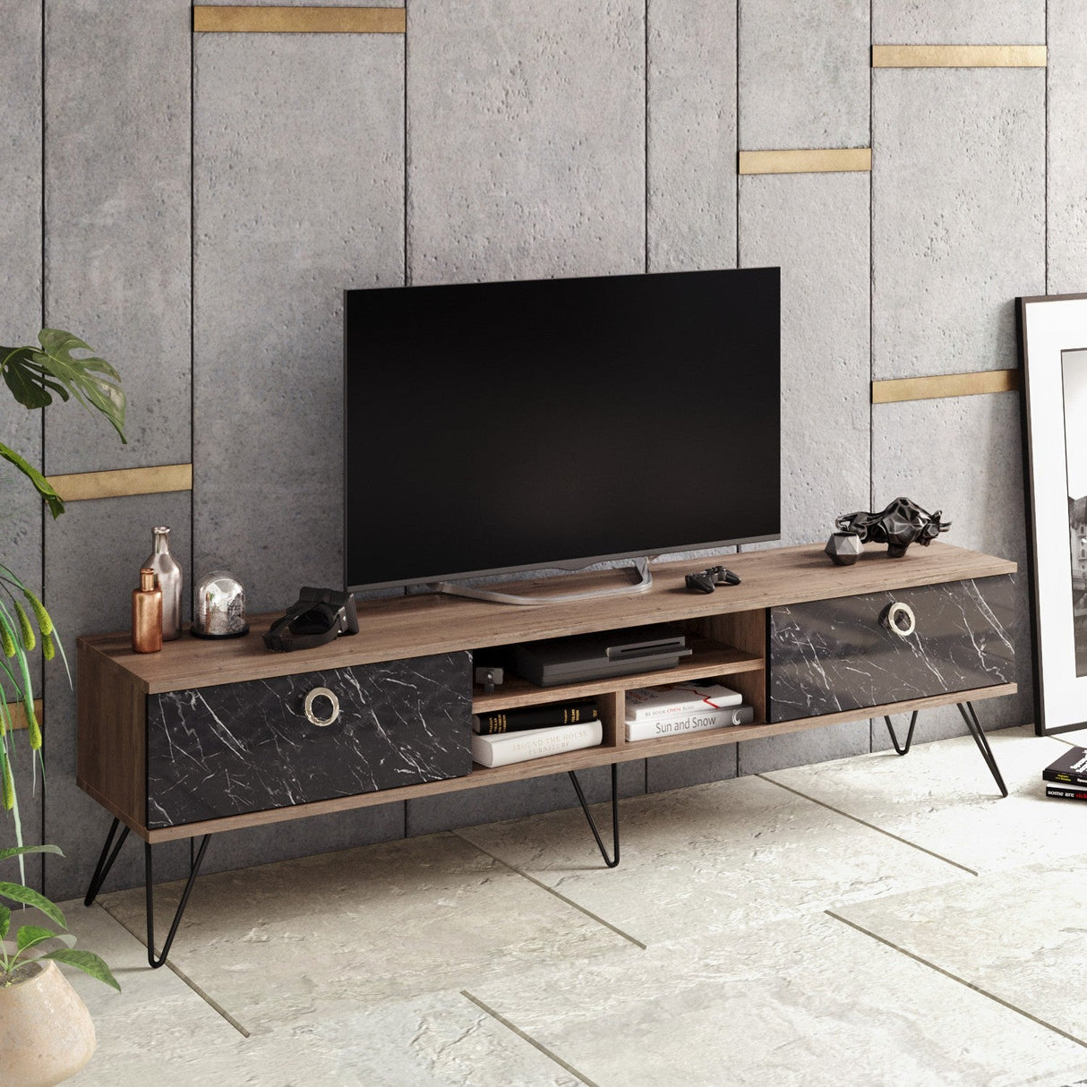 Comodă TV Lorenz, Nuc - Negru, Diverse dimensiuni - 180x35x46 cm | SKU: 875ZNA3053 | Comodă TV Lorenz, Nuc - Negru, varianta 180x35x46 cm, produs pentru amenajarea locuinței, disponibil online în România la CasaMob