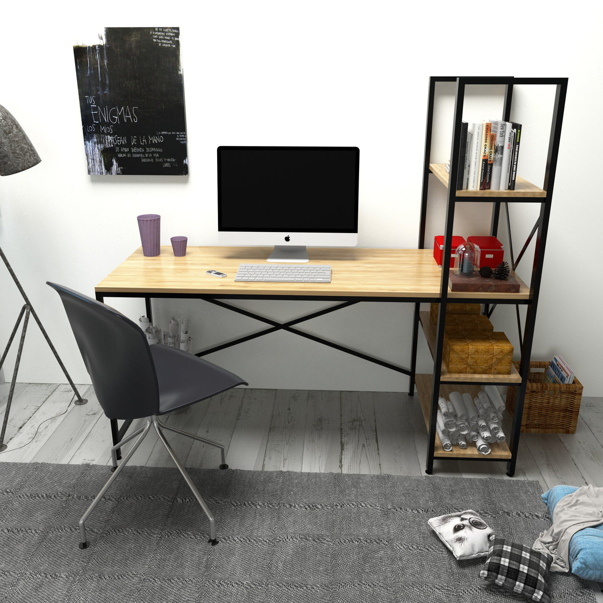 Birou Centile, Stejar - Negru, 160x60x148 cm