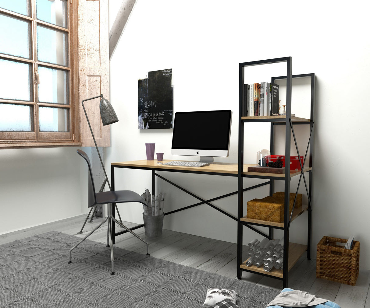 Birou Centile, Stejar - Negru, 160x60x148 cm