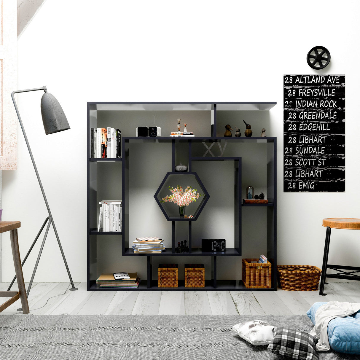 Bibliotecă Labrina, Diverse culori, 134x22x134 cm - Negru | SKU: 875ZNA3643 | Bibliotecă Labrina, 134x22x134 cm, varianta Negru, produs pentru amenajarea locuinței, disponibil online în România la CasaMob
