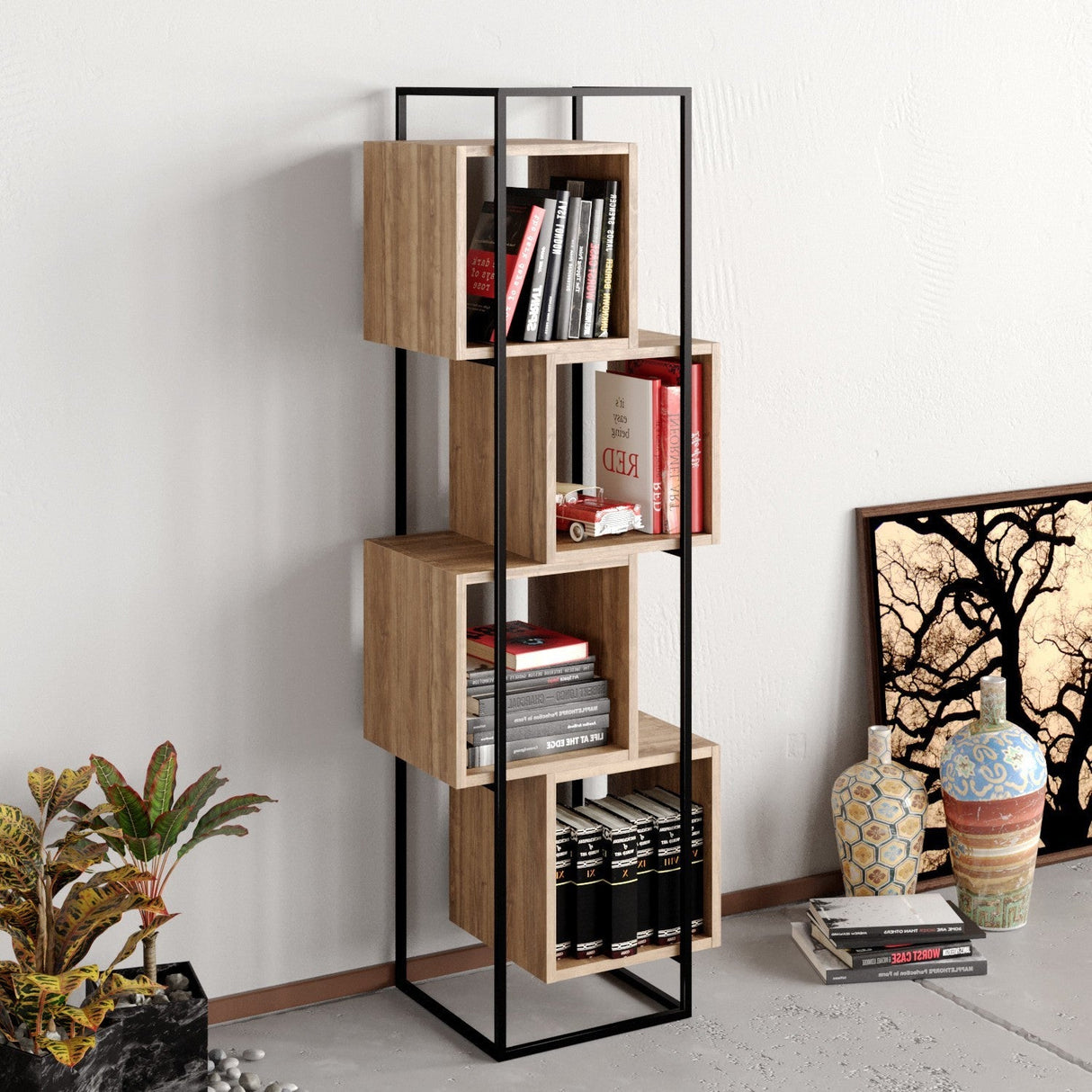 Bibliotecă Prada, Diverse culori, 52x38x160 cm - Nuc - Negru | SKU: 875ZNA3657 | Bibliotecă Prada, 52x38x160 cm, varianta Nuc - Negru, produs pentru amenajarea locuinței, disponibil online în România la CasaMob