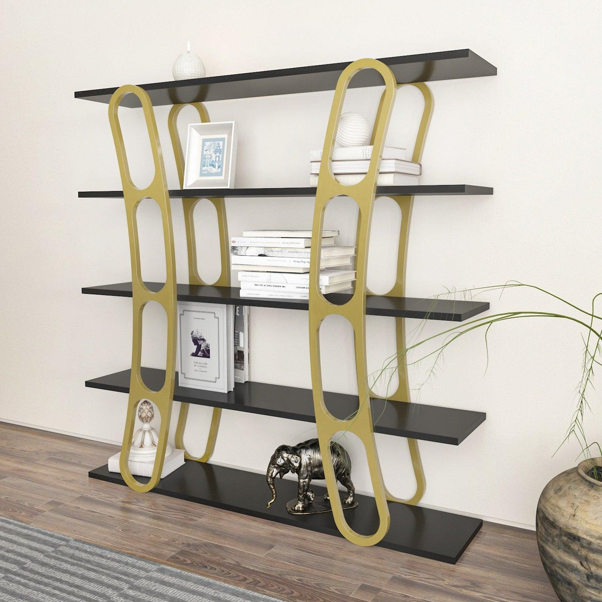 Biblioteca Dara Dessign 3D cu 5 Rafturi, 120 X 120 X 25 Cm - Auriu Negru, SKU 875ZNA4503