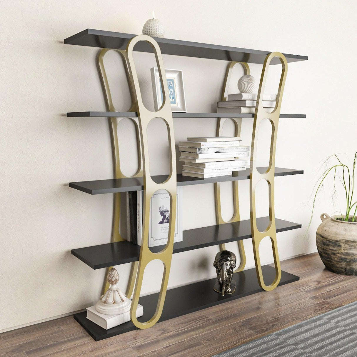 Biblioteca Dara Dessign 3D cu 5 Rafturi, 120 X 120 X 25 Cm - Auriu Negru, SKU 875ZNA4503