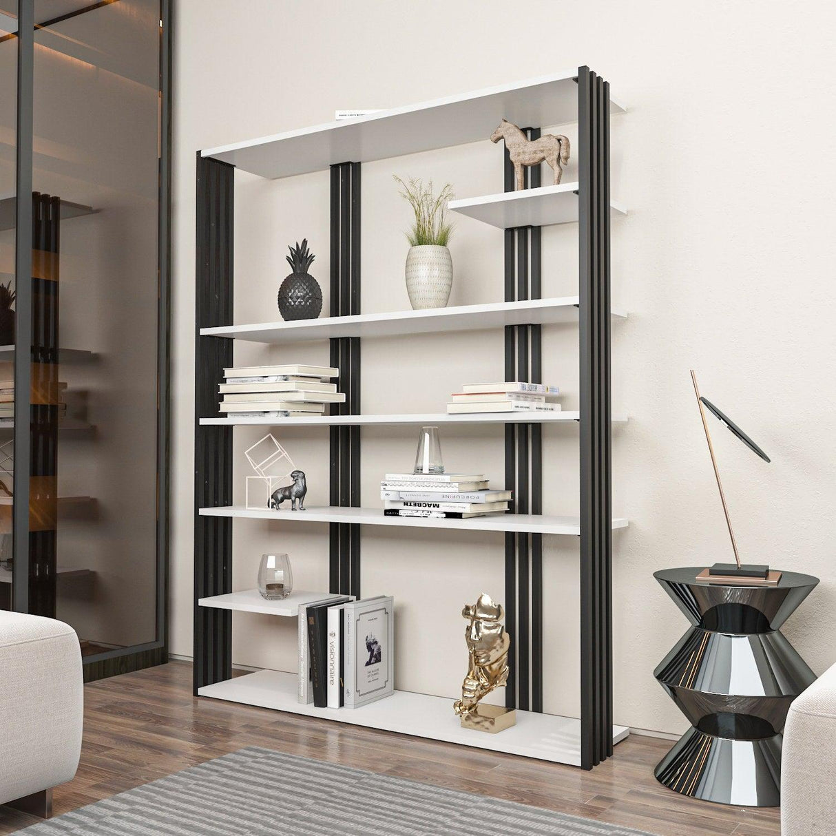 Biblioteca Manny Elegant, 6 Rafturi, 120 X 160 X 30 Cm - Alb negru, SKU 875ZNA4519