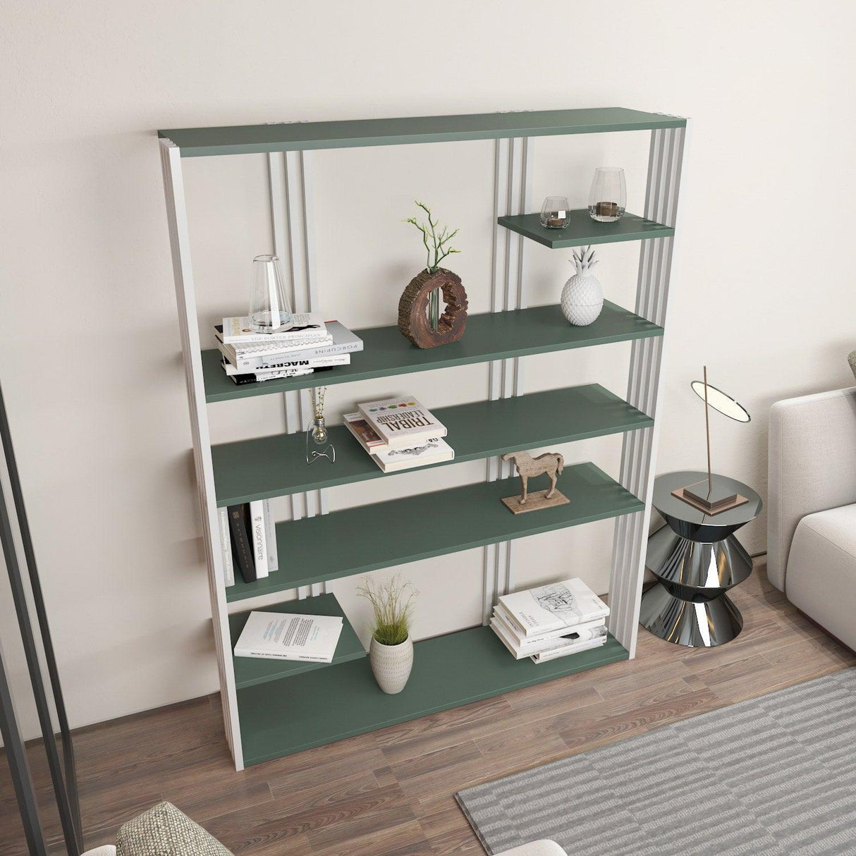 Biblioteca Manny Elegant, 6 Rafturi, 120 X 160 X 30 Cm - Verde Alb, SKU 875ZNA4519