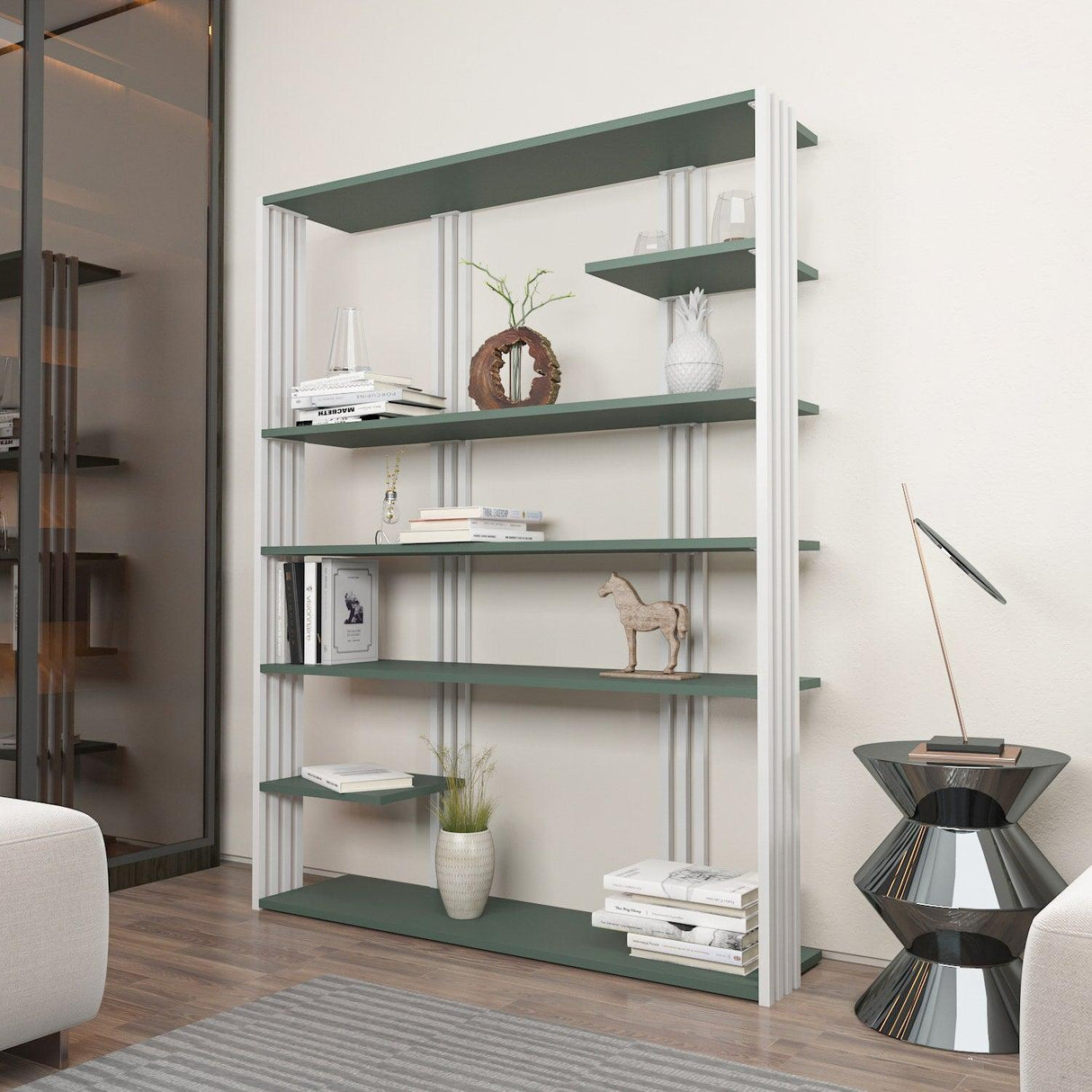 Biblioteca Manny Elegant, 6 Rafturi, 120 X 160 X 30 Cm - Verde Alb, SKU 875ZNA4519