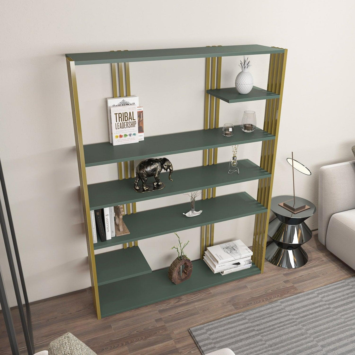 Biblioteca Manny Elegant, 6 Rafturi, 120 X 160 X 30 Cm - Auriu verde, SKU 875ZNA4519