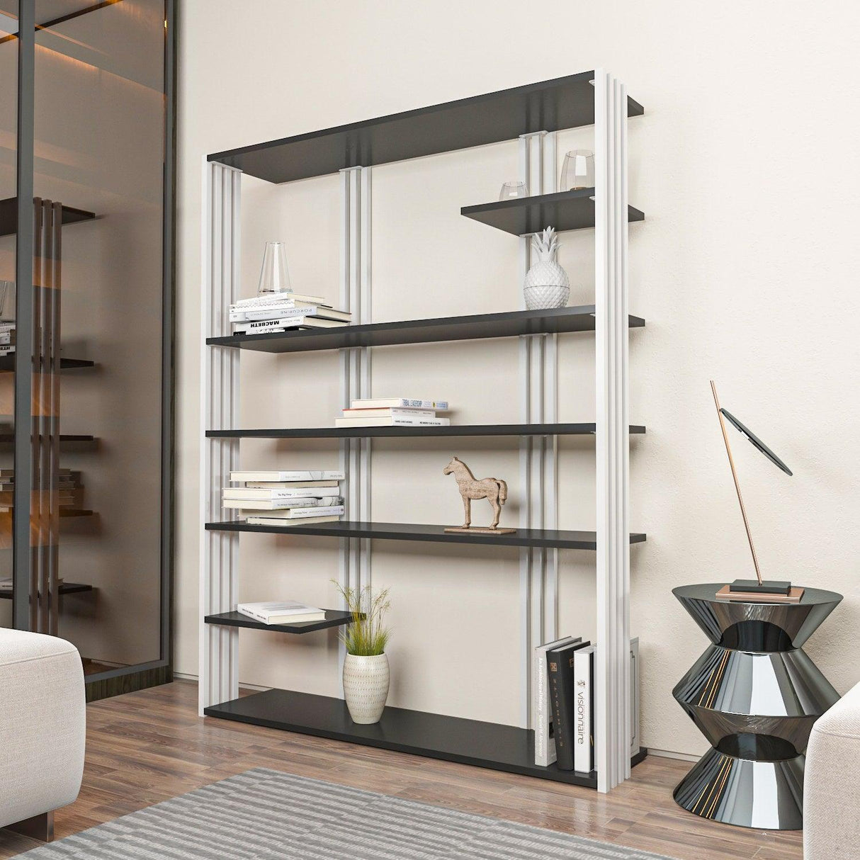 Biblioteca Manny Elegant, 6 Rafturi, 120 X 160 X 30 Cm - Alb antracit, SKU 875ZNA4519
