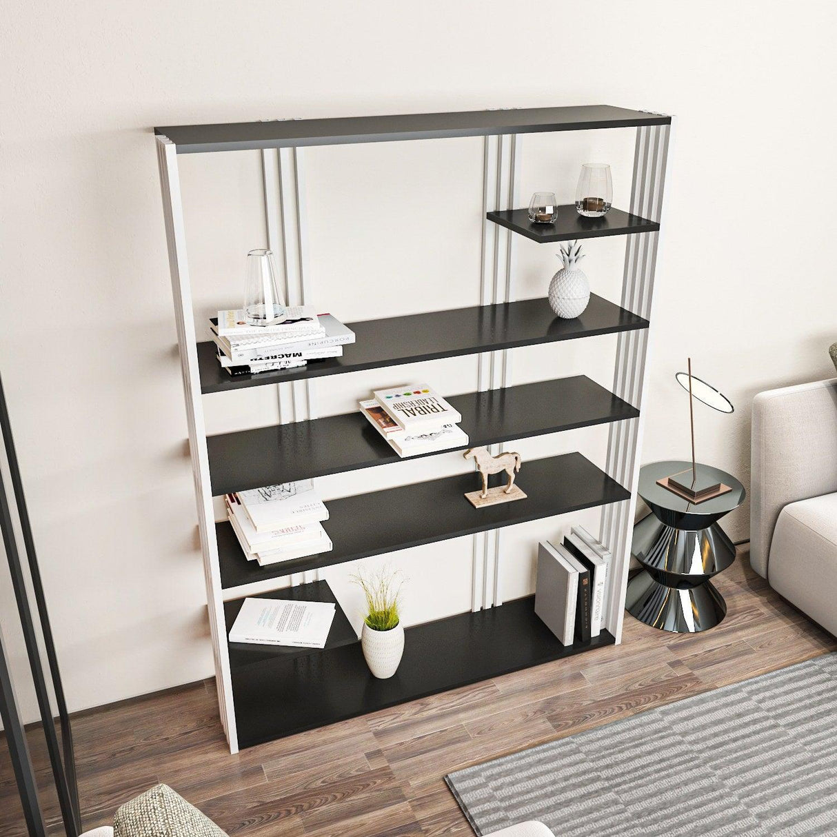 Biblioteca Manny Elegant, 6 Rafturi, 120 X 160 X 30 Cm - Alb antracit, SKU 875ZNA4519
