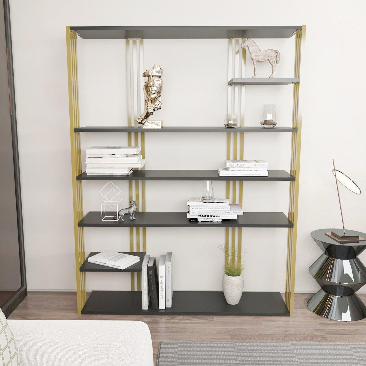 Biblioteca Manny Elegant, 6 Rafturi, 120 X 160 X 30 Cm - Auriu antracit, SKU 875ZNA4519